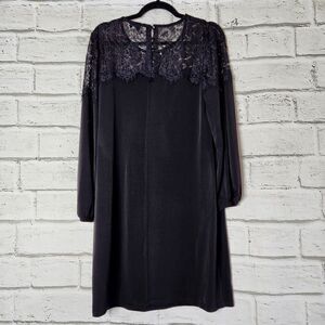 Trucloth Long Sleeve Solid Black Lace Neckline Knee Length Shirt Dress Large LBD